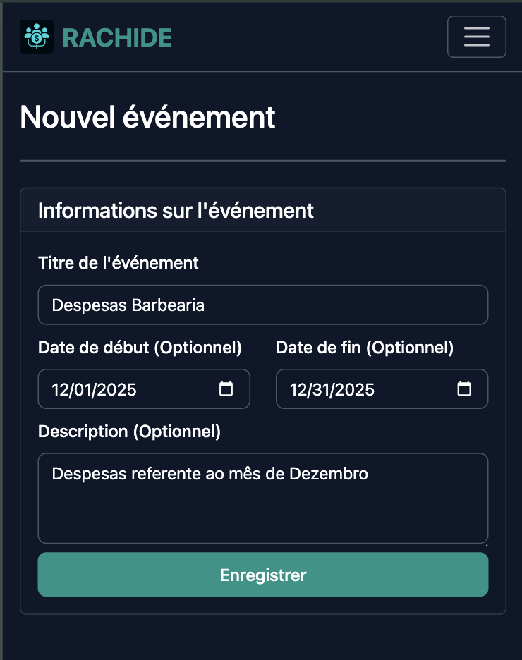 Capture d'écran de création d'événement