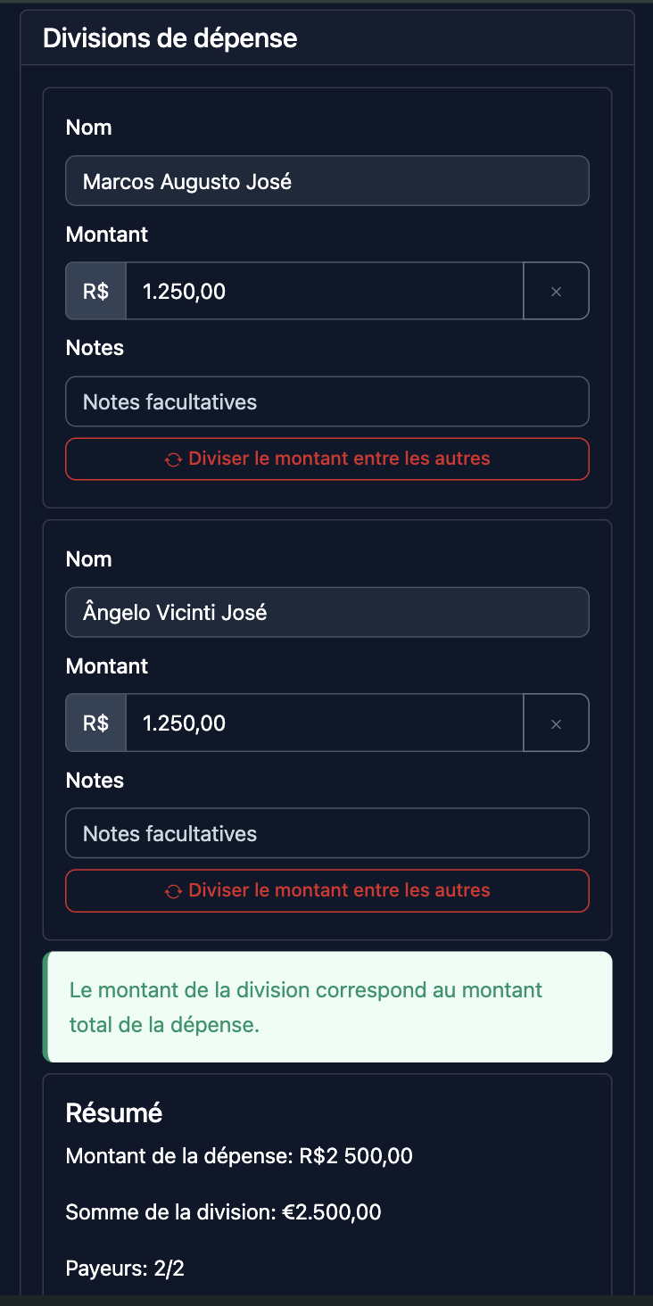 Capture d'écran de division de dépense
