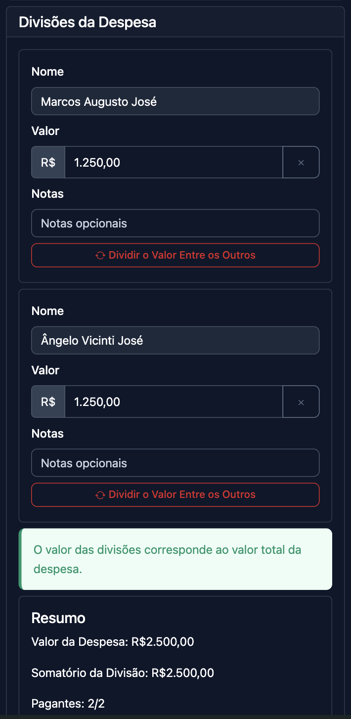 Captura de tela de dividir despesa
