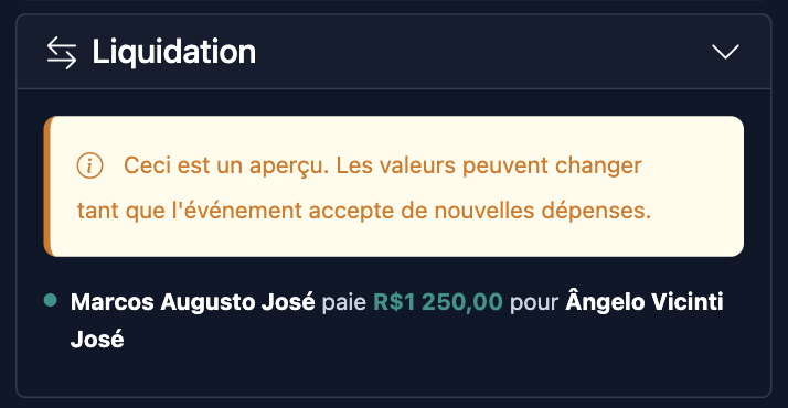 Capture d'écran des suggestions de liquidation