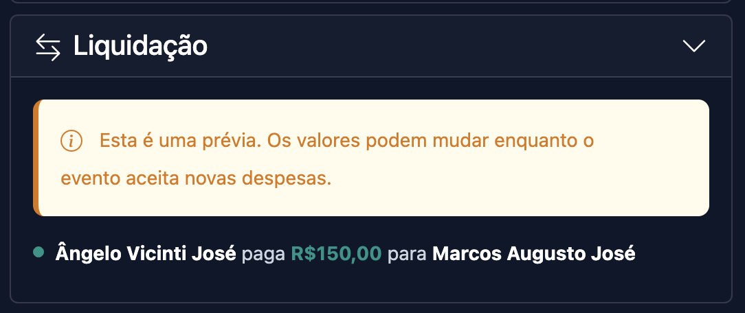 Captura de tela de sugestões de liquidação